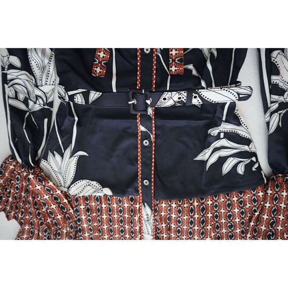 CIEBON Women's Sz S Black Multi Edda Pleated Tie Neck L/S Satin Mini Dress - Picture 4 of 8